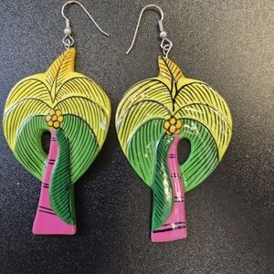 Hand Painted Tropical Palm Leaf Drop Earrings in Yellow, Green & Pink